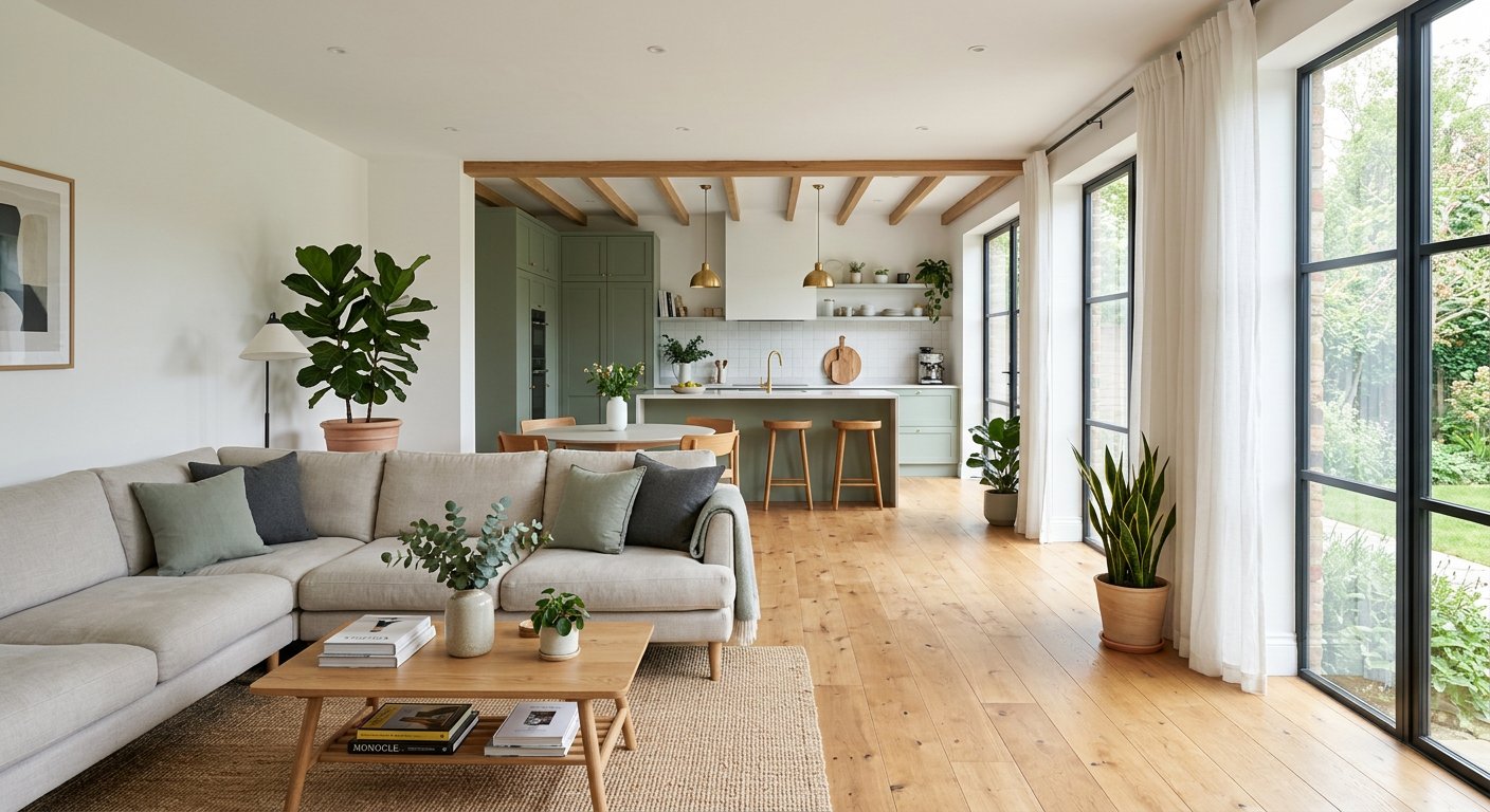 A beautifully renovated home with a bright open-plan living space, modern finishes, and warm wood flooring